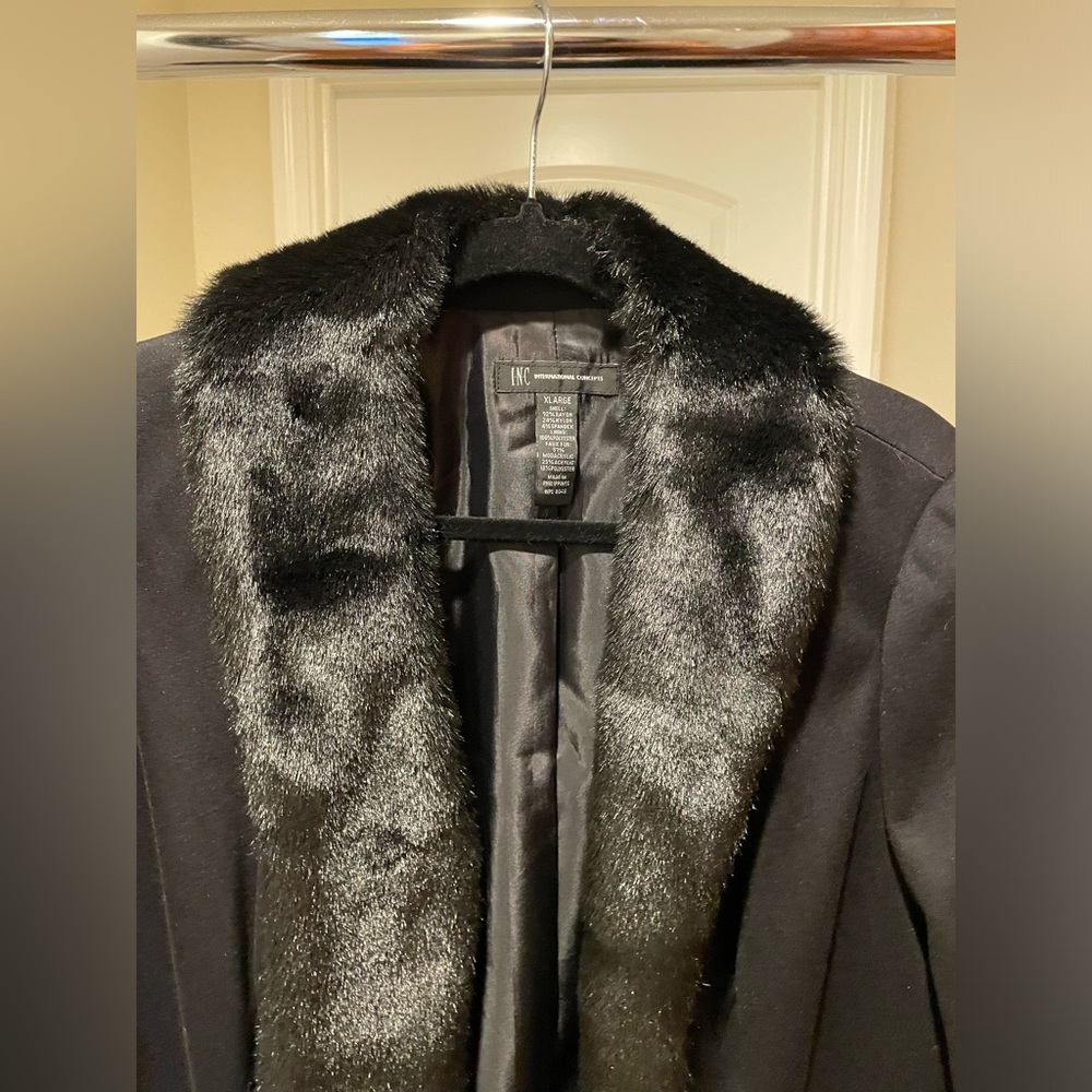 INC faux fur trim coat, medium length